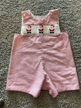 Red Gingham Smocked Santa Shortalls for Kids